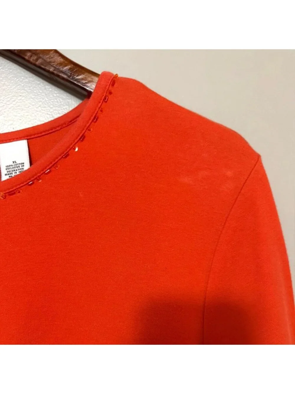 Orange Cotton T-Shirt Giraffe & Floral Appliqué Short Sleeves Beaded Neckline - Picture 3 of 7